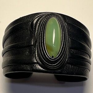 Black Leather Cuff with Green Stone